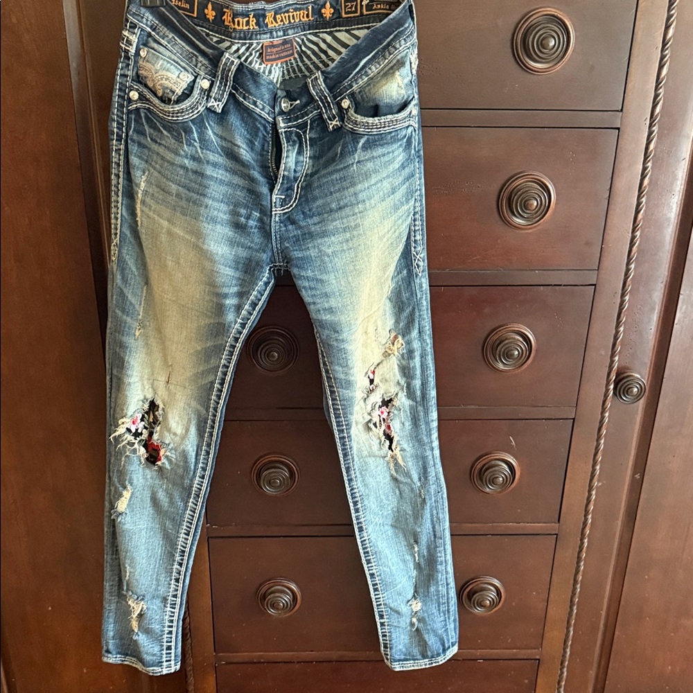 Rock Revival Light Blue Distressed Ankle Jeans